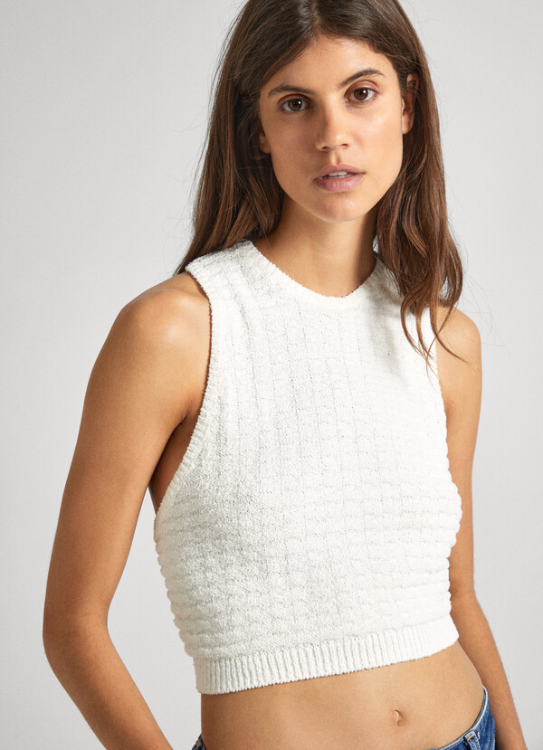 KNITTED TOP WITH FLORAL STRAPS