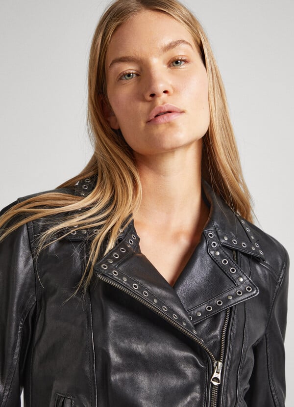 LEATHER BIKER JACKET WITH LAPEL COLLAR
