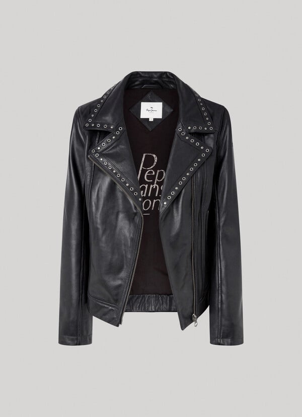 LEATHER BIKER JACKET WITH LAPEL COLLAR