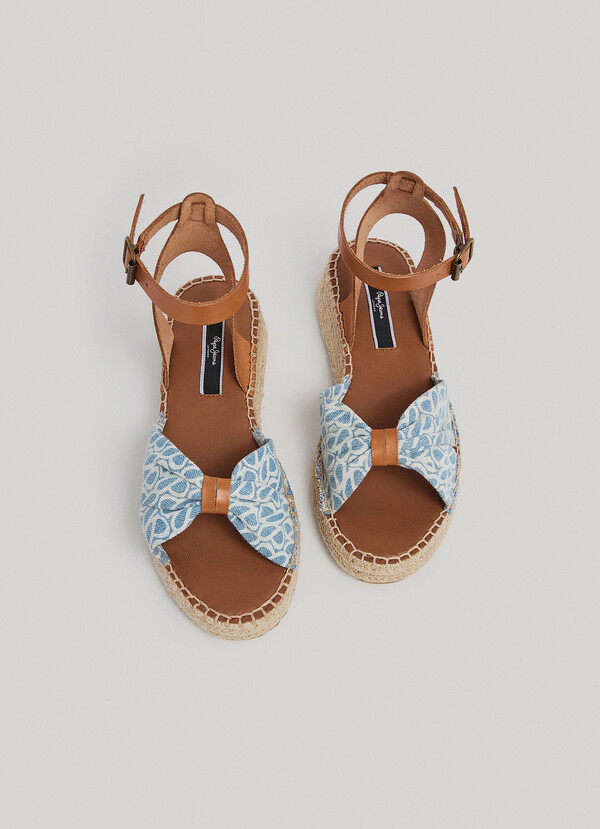 COTTON AND LEATHER WEDGE SANDALS